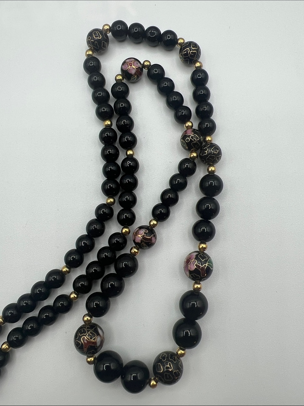 Black Beaded Necklace with Pink Floral Accent Beads